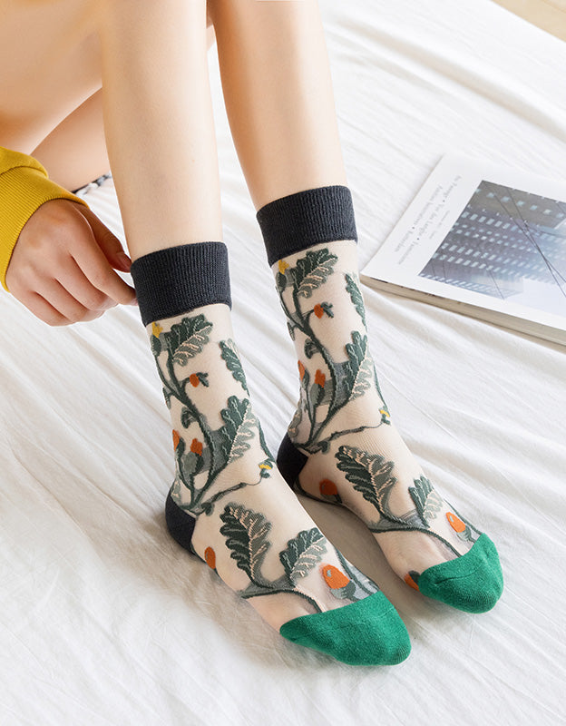 3 Pairs Flower Embroidery Transparent Socks