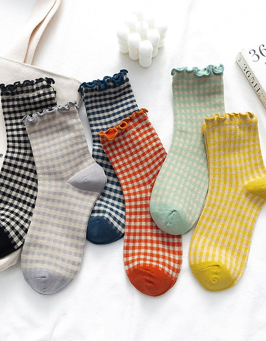 2 Pairs 6 Colors Plaid Cotton Socks for Women