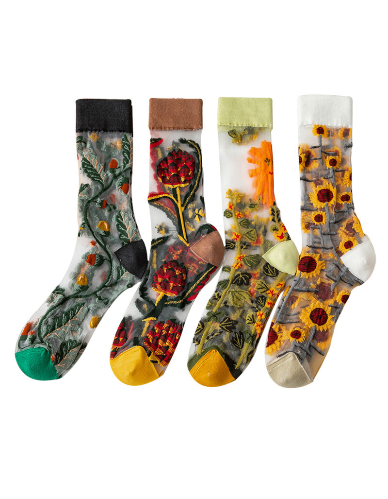 3 Pairs Flower Embroidery Transparent Socks