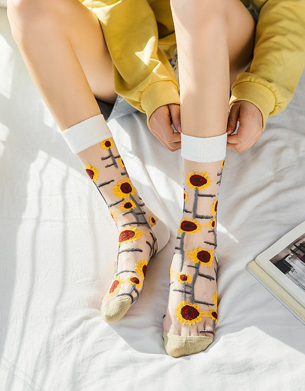 3 Pairs Flower Embroidery Transparent Socks