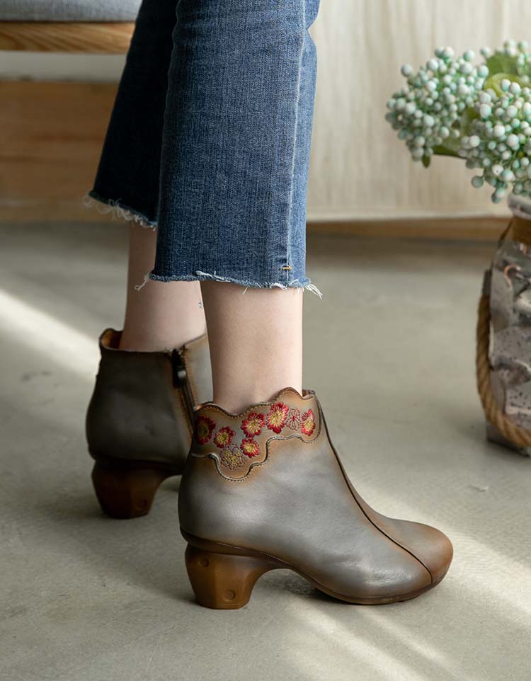 Autumn Winter Embroidery Retro Chunky Boots