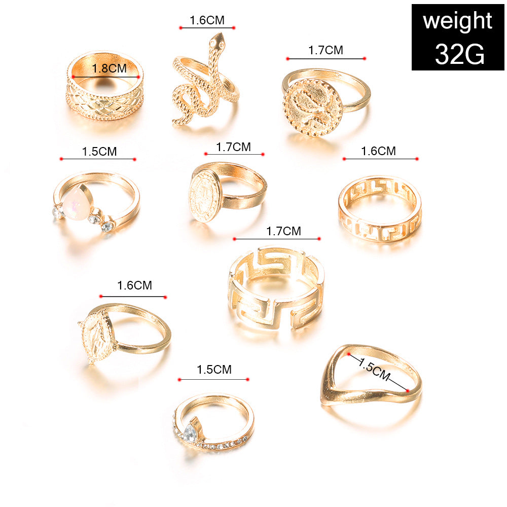 Exaggerated Carved Buddha With Diamond Snake Shaped 10 Piece Ring Set