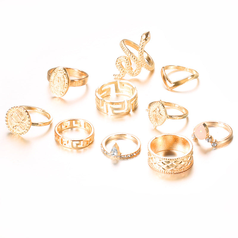 Exaggerated Carved Buddha With Diamond Snake Shaped 10 Piece Ring Set