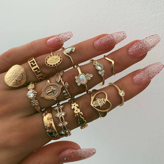 Beauty Head Gold Coin Cross Pattern Love Fatima Palm Ring 15-Piece Ring