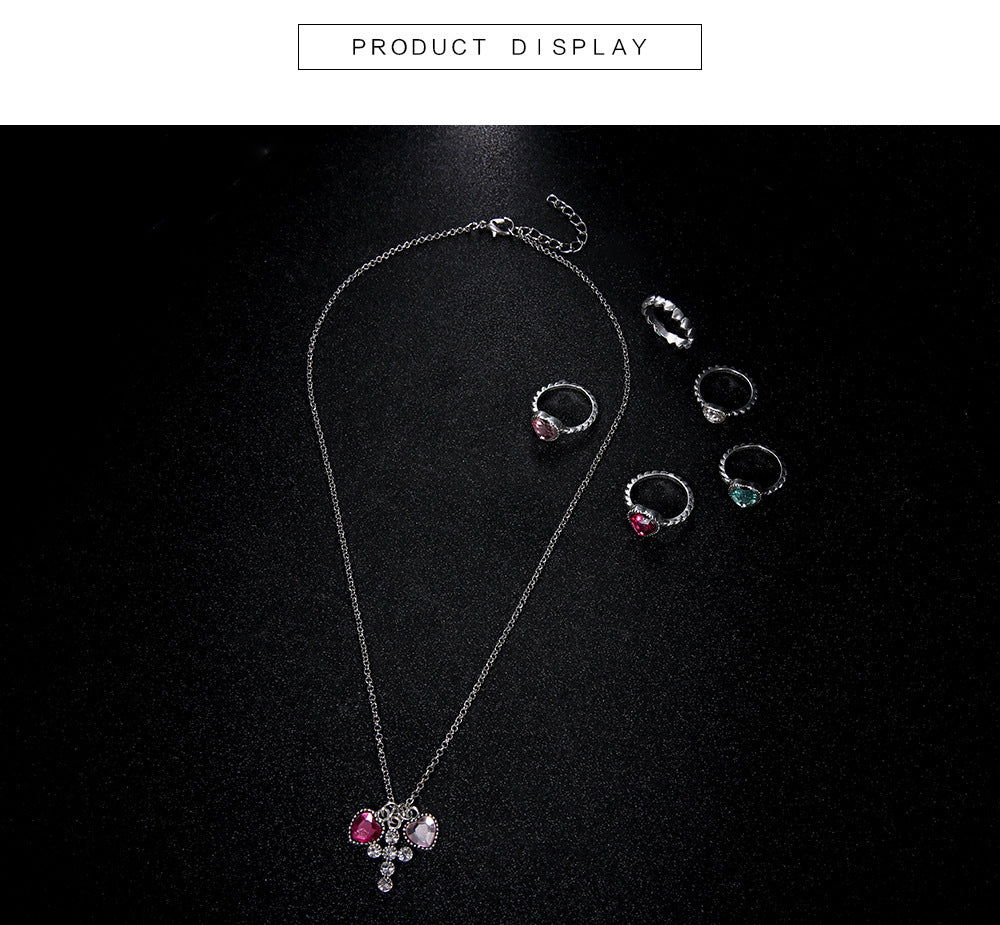 Love Cross Studded 6-Piece Set Ring Necklace