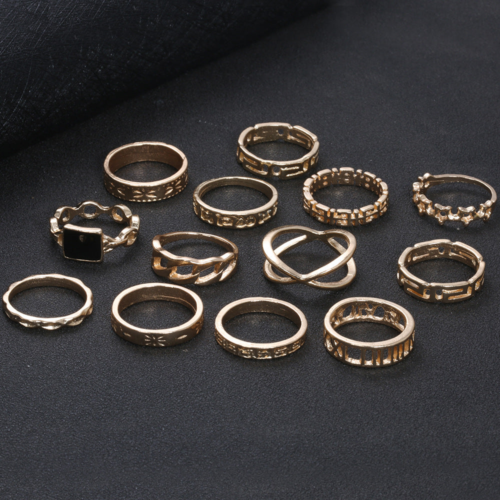 Wind Exaggerated Punk Style Metal Ring Star Black Ring Set Of 13 Pieces