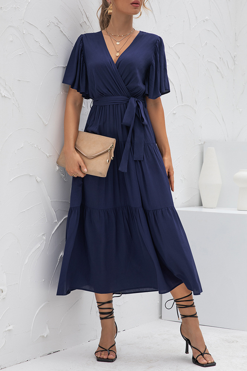 Elegant Solid Split Joint With Belt V Neck Cake Skirt Dresses(4 colors)