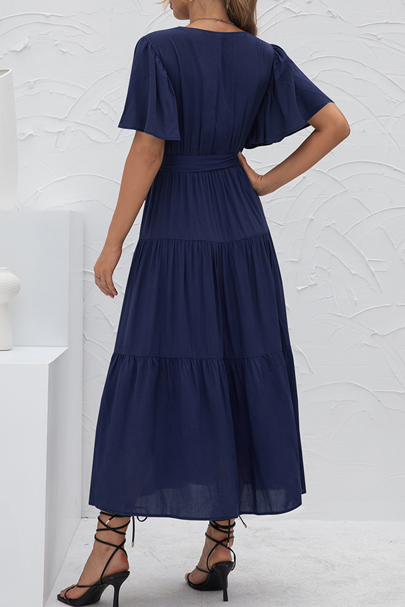 Elegant Solid Split Joint With Belt V Neck Cake Skirt Dresses(4 colors)