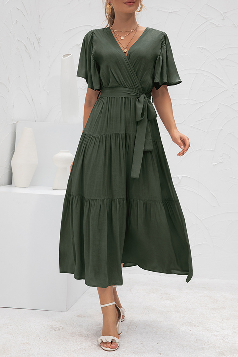 Elegant Solid Split Joint With Belt V Neck Cake Skirt Dresses(4 colors)