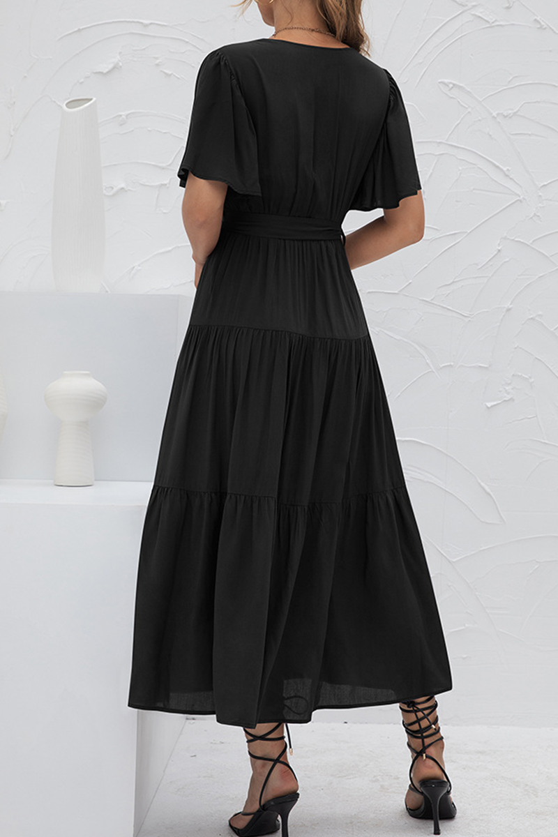 Elegant Solid Split Joint With Belt V Neck Cake Skirt Dresses(4 colors)