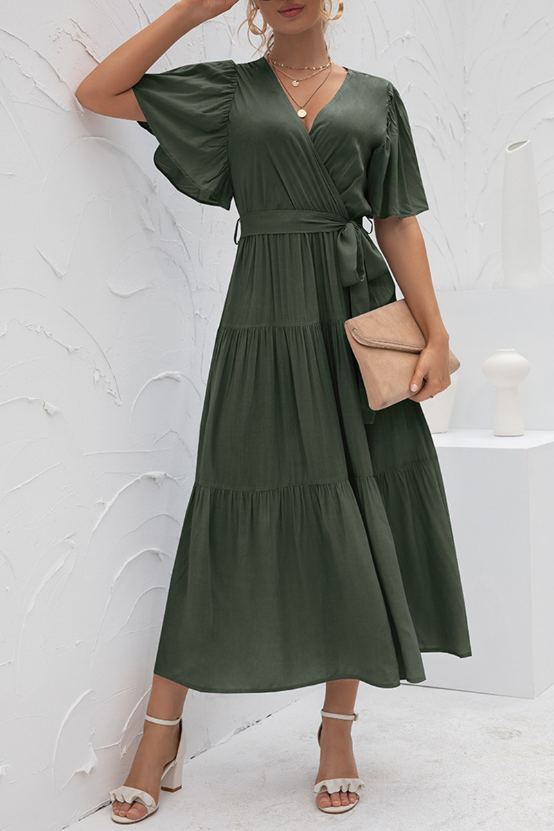 Elegant Solid Split Joint With Belt V Neck Cake Skirt Dresses(4 colors)