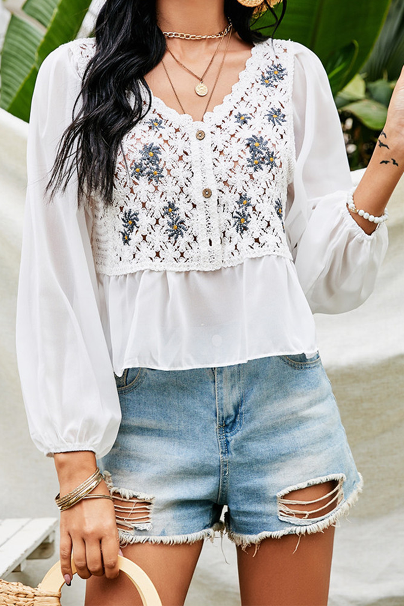 Leisure Embroidery Lace Buttons V Neck Tops