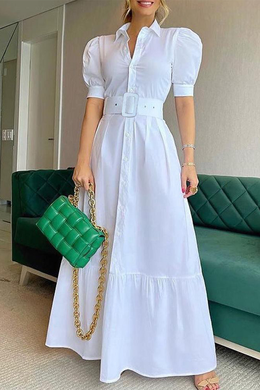 Elegant Striped Solid Buckle With Belt Shirt Collar A Line Dresses