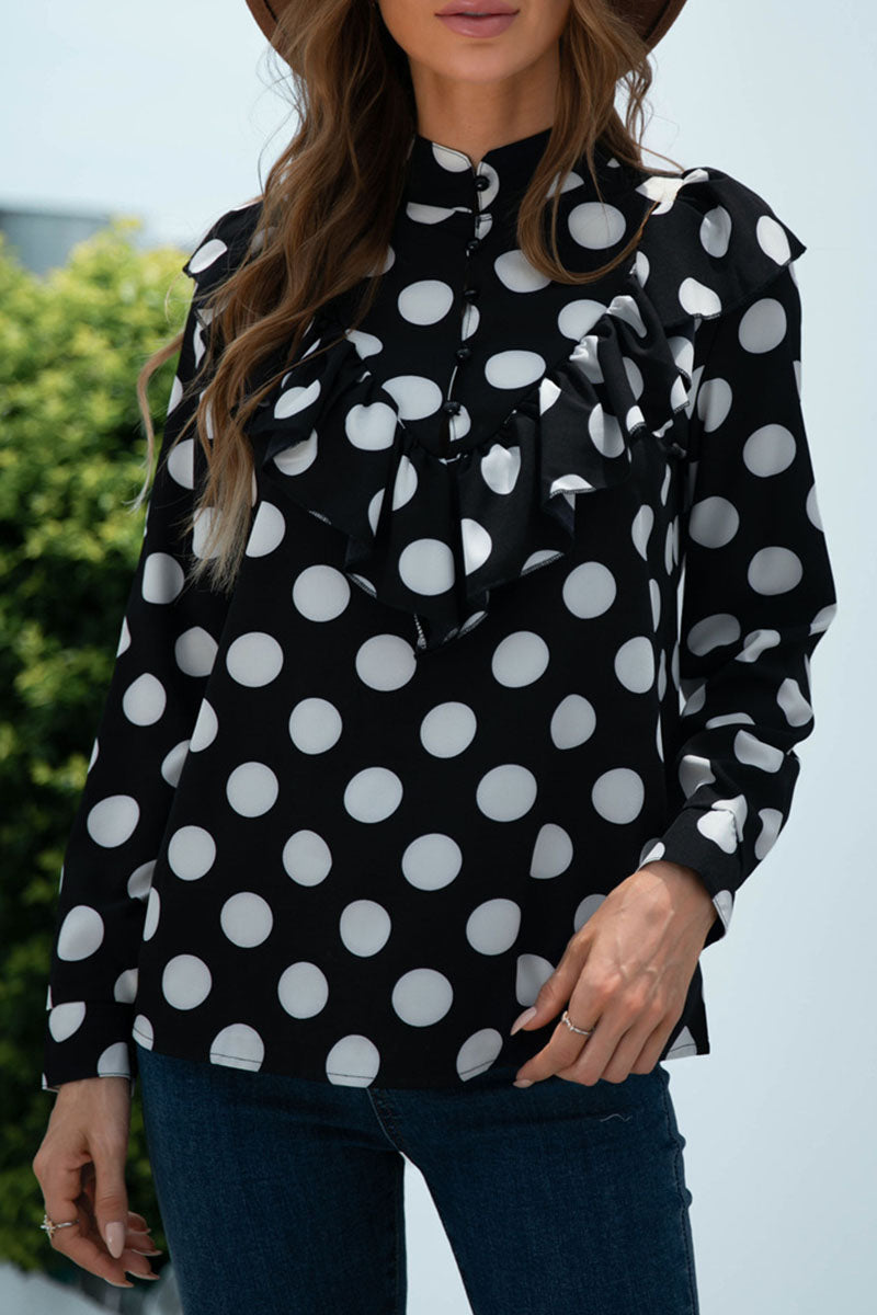 Fashion Casual Polka Dot Split Joint O Neck Tops