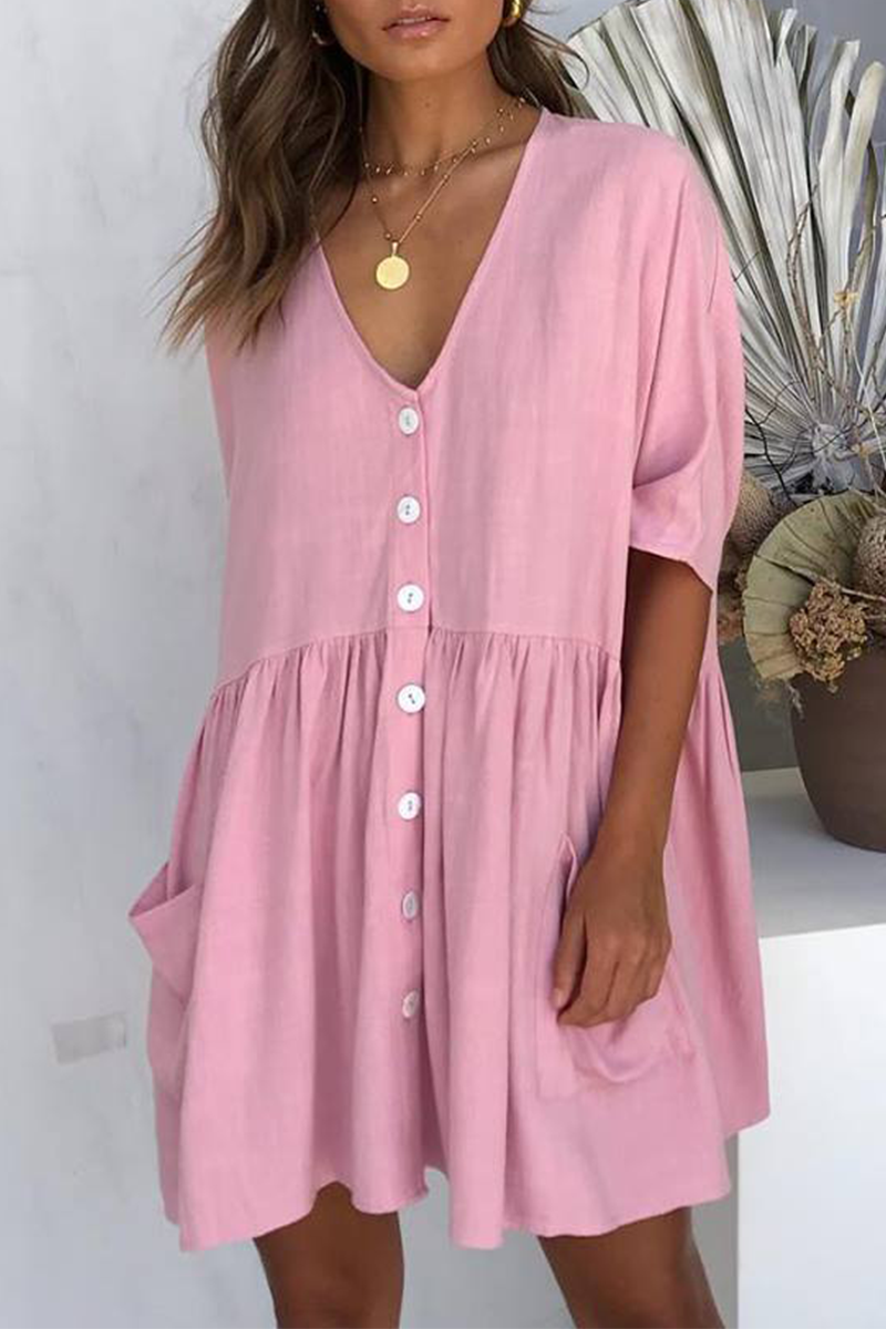 Casual Solid Pocket Buckle V Neck A Line Dresses