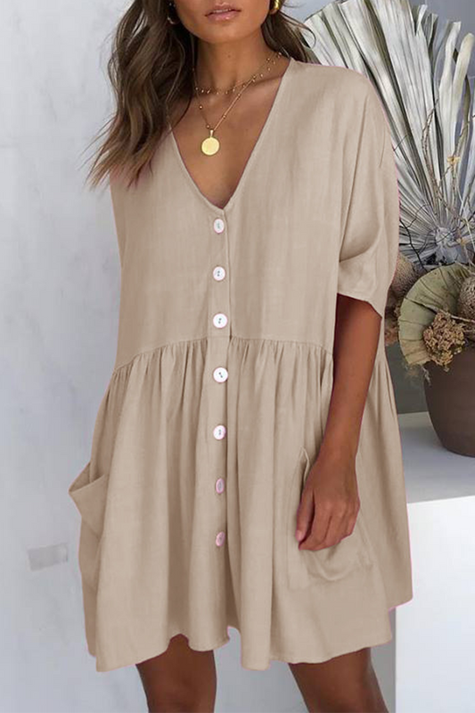 Casual Solid Pocket Buckle V Neck A Line Dresses