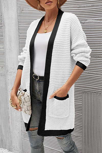 Casual Patchwork Pocket Contrast V Neck Tops Without Belt