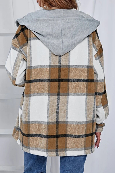 Casual Plaid Draw String Buckle Hooded Collar Outerwear(3 Colors)