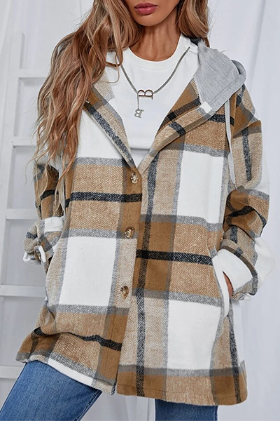 Casual Plaid Draw String Buckle Hooded Collar Outerwear(3 Colors)