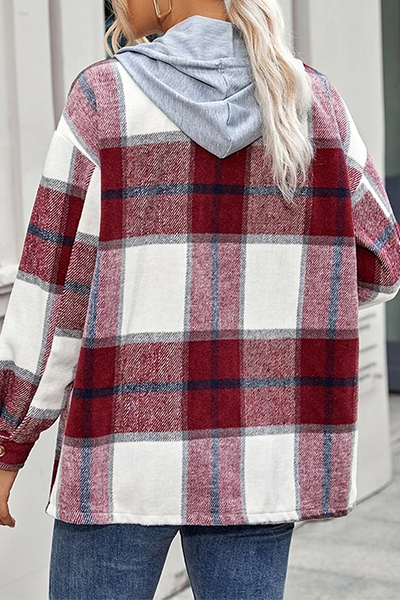 Casual Plaid Draw String Buckle Hooded Collar Outerwear(3 Colors)