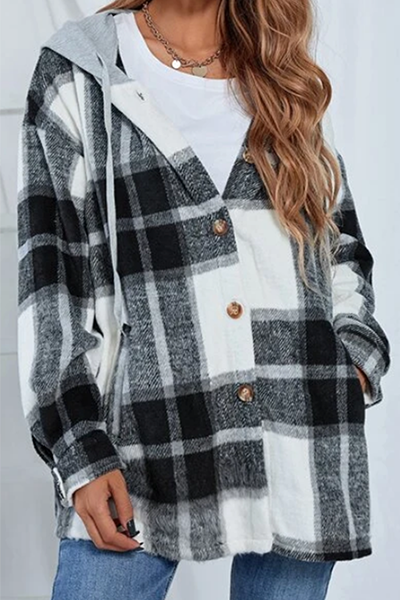 Casual Plaid Draw String Buckle Hooded Collar Outerwear(3 Colors)