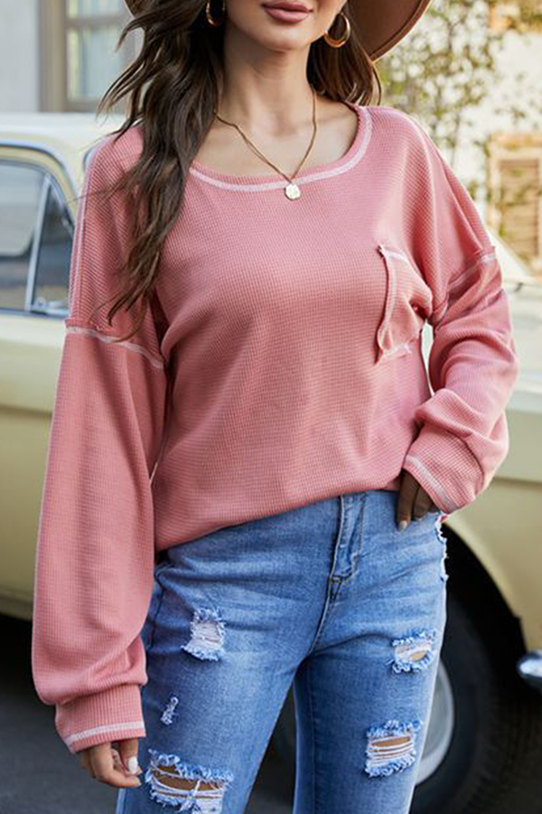 Casual Patchwork Pocket O Neck Tops