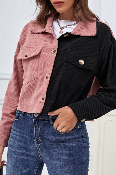 Casual Patchwork Pocket Buckle Contrast Turndown Collar Outerwear