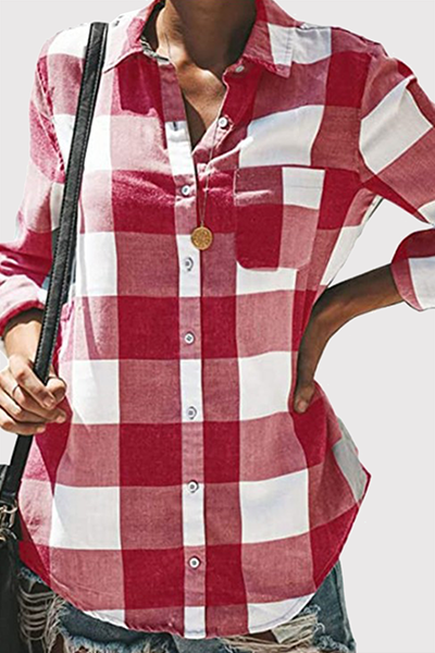 Casual Plaid Pocket Buckle Turndown Collar Tops