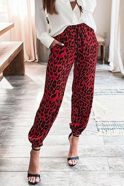 Casual Leopard Draw String Pocket Mid Waist Full Print Bottoms