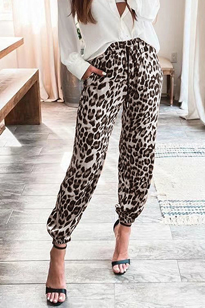 Casual Leopard Draw String Pocket Mid Waist Full Print Bottoms