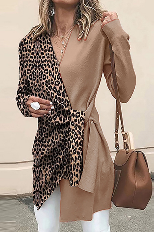 Casual Elegant Leopard Split Joint Strap Design V Neck Outerwear