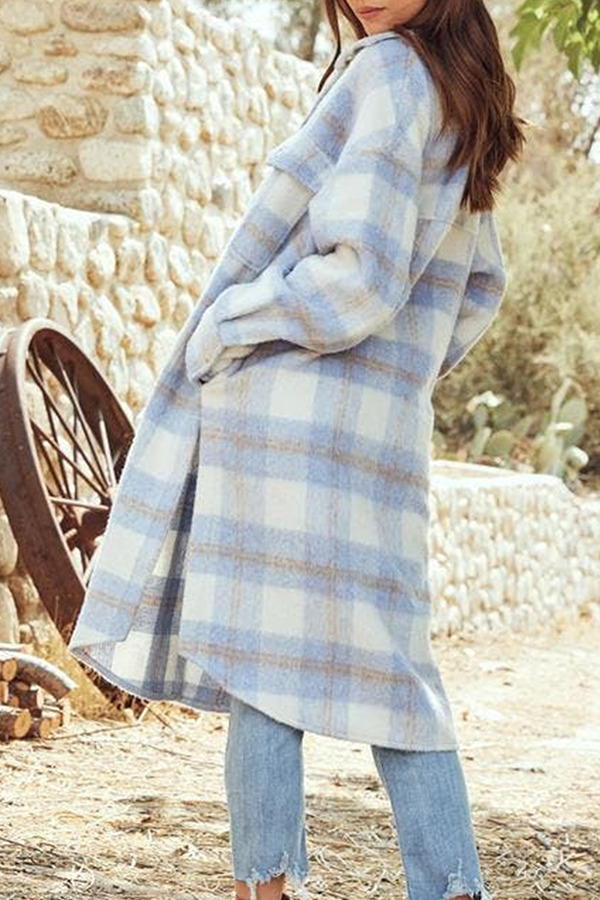 Fashion Elegant Plaid Buckle Slit Turndown Collar Outerwear