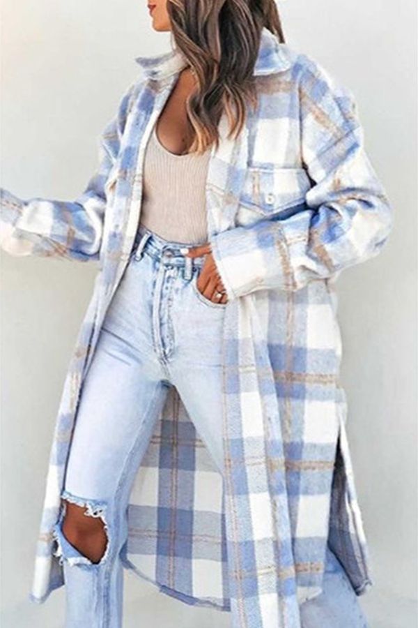 Fashion Elegant Plaid Buckle Slit Turndown Collar Outerwear