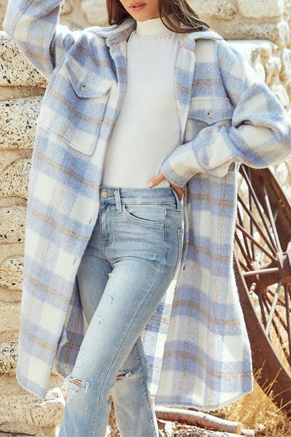 Fashion Elegant Plaid Buckle Slit Turndown Collar Outerwear