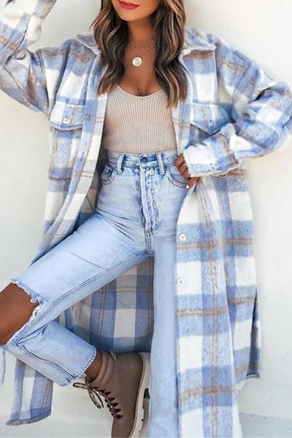 Fashion Elegant Plaid Buckle Slit Turndown Collar Outerwear