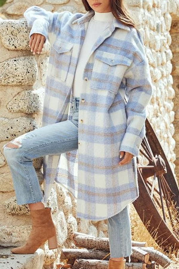 Fashion Elegant Plaid Buckle Slit Turndown Collar Outerwear