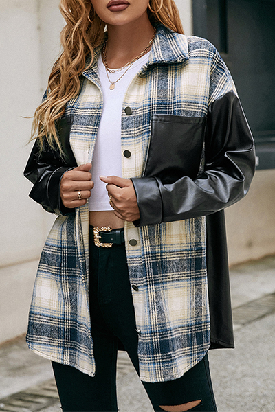 Casual Plaid Pocket Buckle Turndown Collar Outerwear