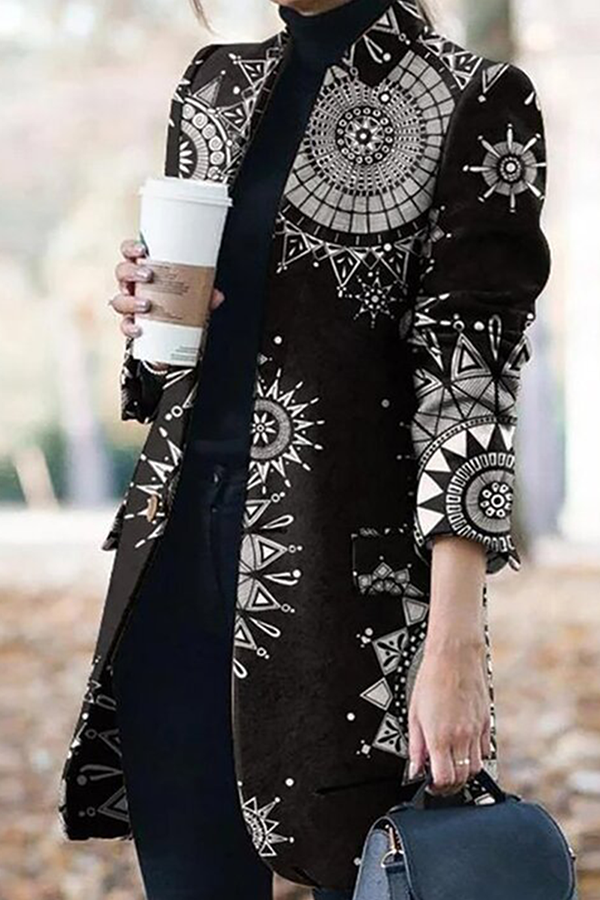 Casual Print Patchwork Buttons Turn-back Collar Outerwear