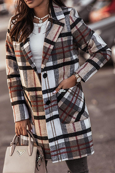 Casual Elegant Plaid Pocket Buckle Turn-back Collar Outerwear