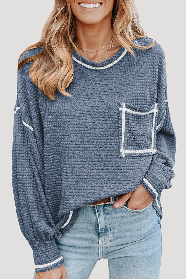 Casual Solid Split Joint Pocket O Neck Tops（6 colors）