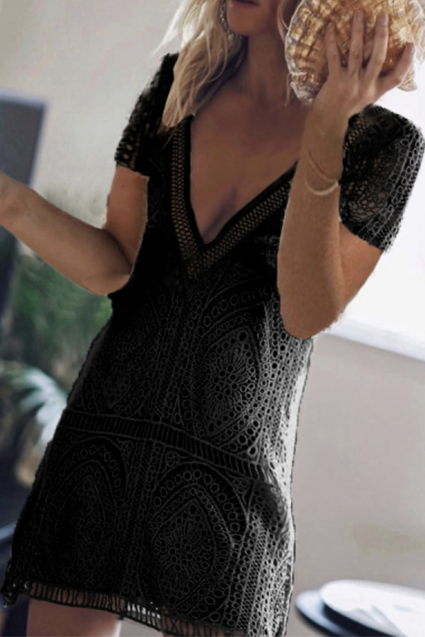 Fashion Casual Patchwork Hollowed Out Frenulum Backless V Neck A Line Dresses