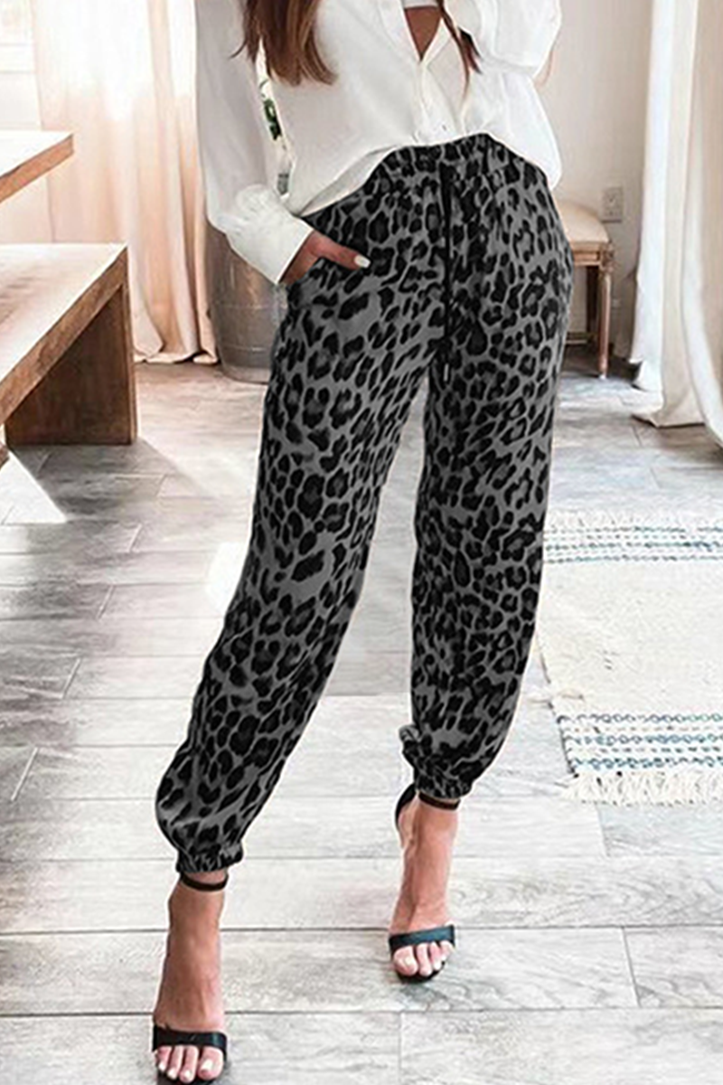 Casual Leopard Draw String Pocket Mid Waist Full Print Bottoms