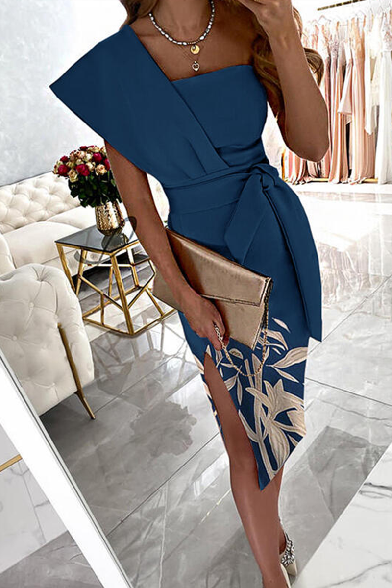 Casual Print Split Joint One Shoulder Pencil Skirt Dresses(4 Colors)