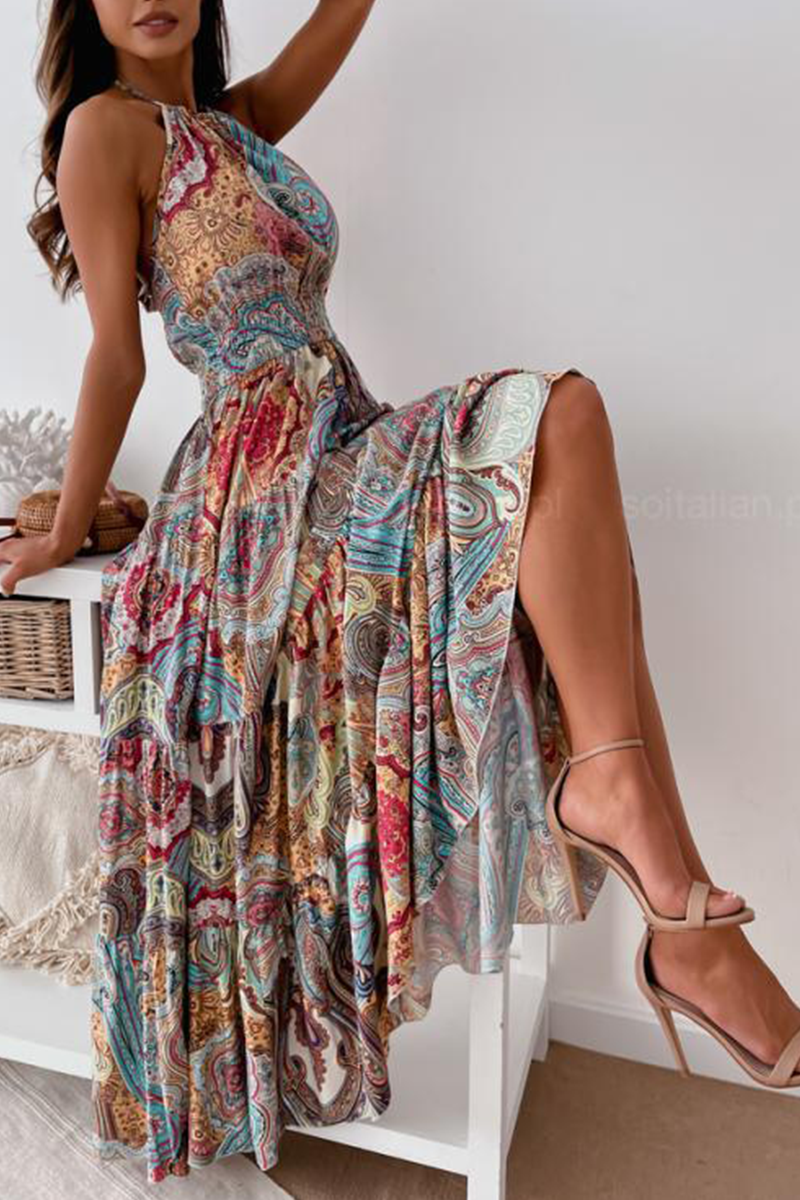 Fashion Print Split Joint Halter Waist Skirt Dresses