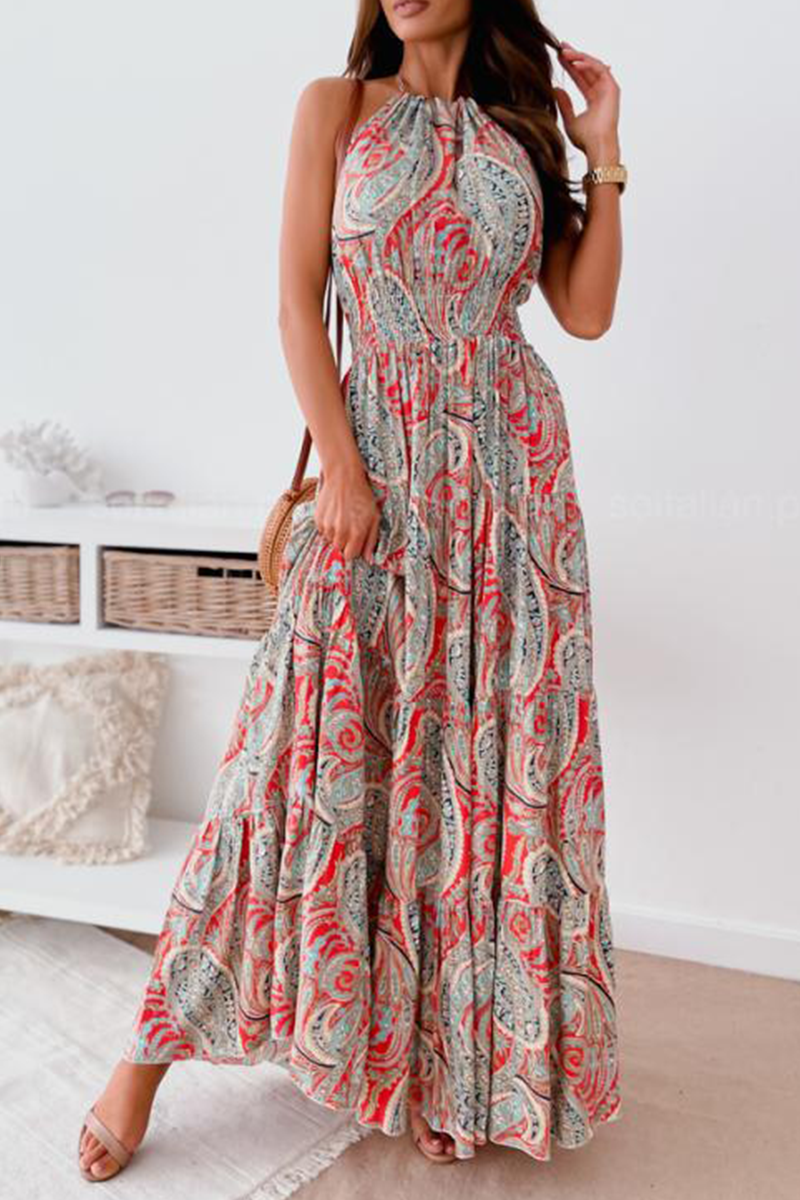 Fashion Print Split Joint Halter Waist Skirt Dresses