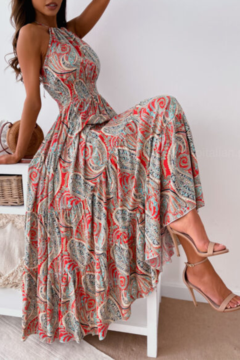 Fashion Print Split Joint Halter Waist Skirt Dresses