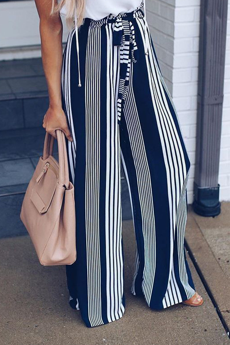 Casual Striped Split Joint Straight Mid Waist Wide Leg Full Print Bottoms