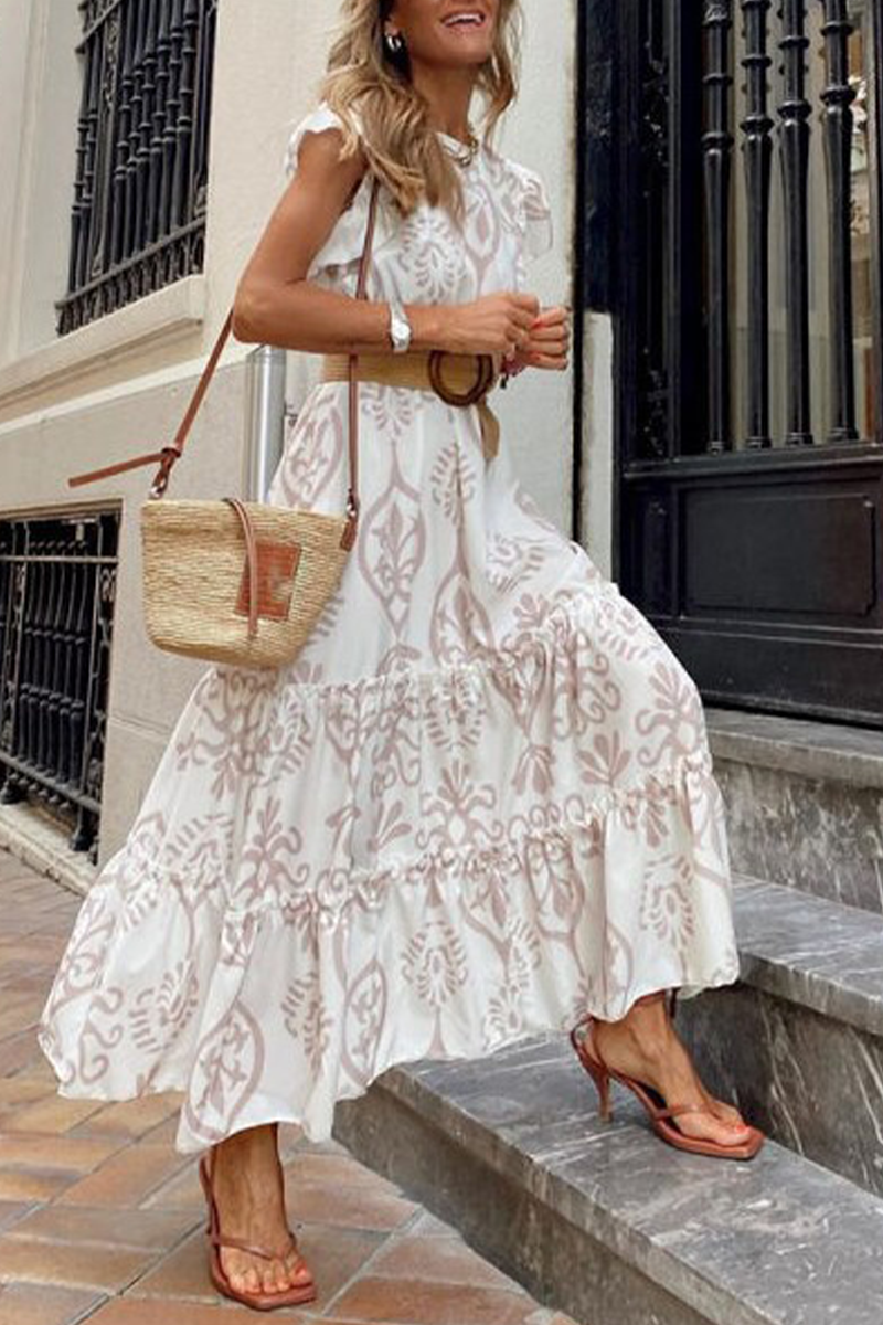 Casual Print Flounce O Neck Cake Skirt Dresses