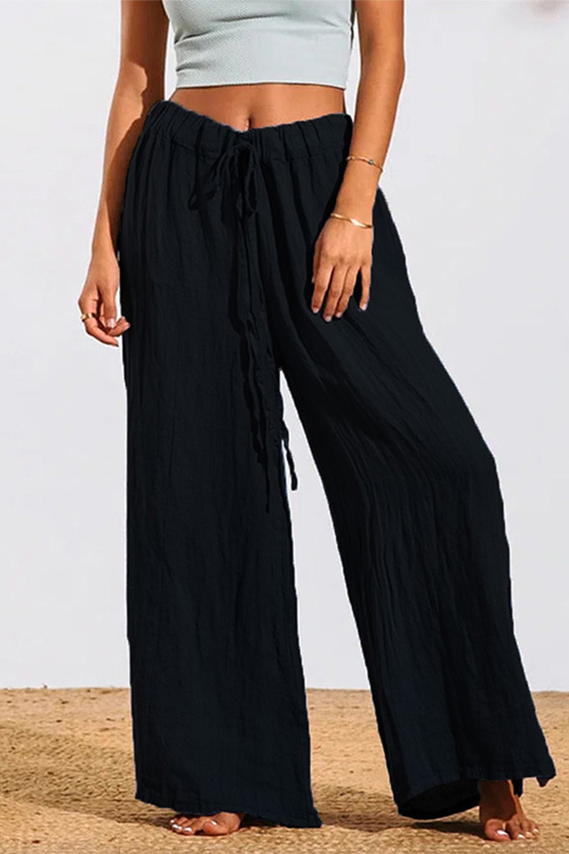 Leisure Solid Patchwork Loose Mid Waist Wide Leg Solid Color Bottoms