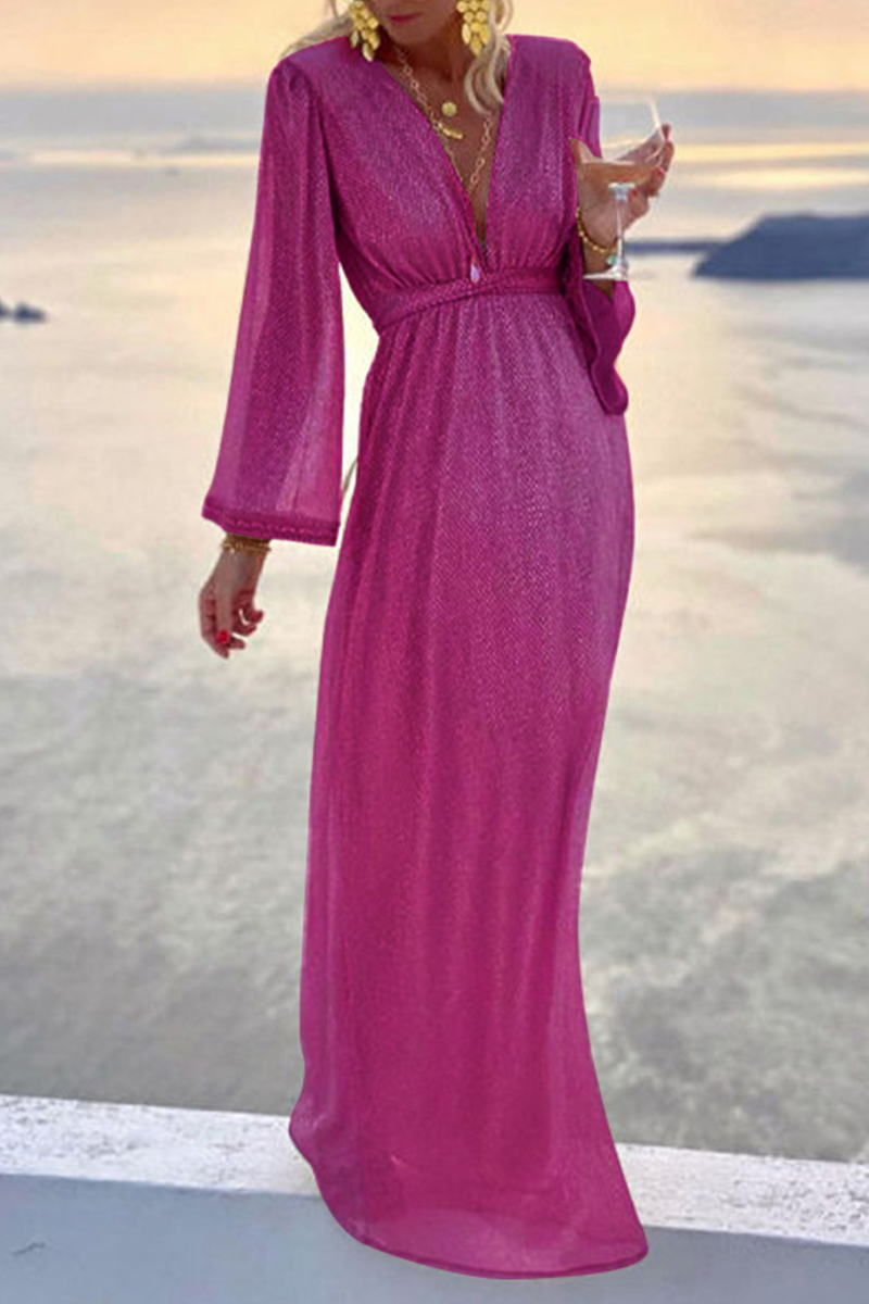 Fashion Elegant Solid Patchwork Fold V Neck Evening Dress Dresses(3 Colors)
